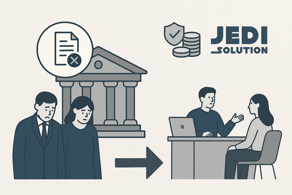 Illustration enttäuschte kunden bei Bank, jedisolution hilft